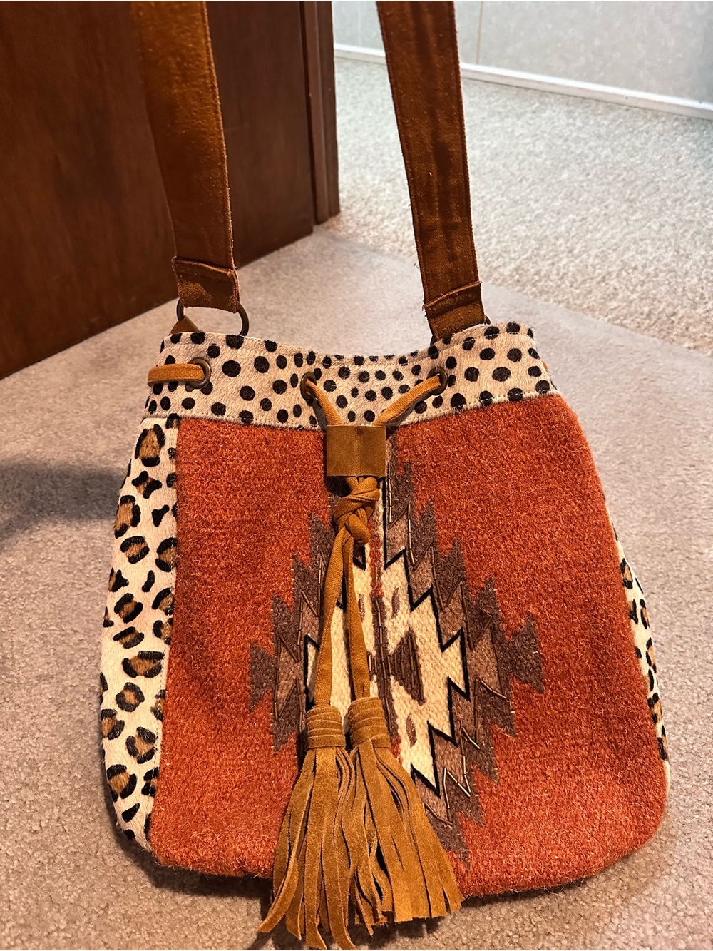 Brown Aztec and leopard print bag - Picture 1 of 4